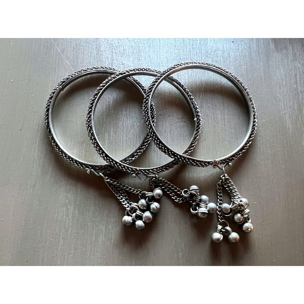 Bangle Bracelet Set 3pc Silver Tone Jingle Bell Charms Boho Ethnic Festival